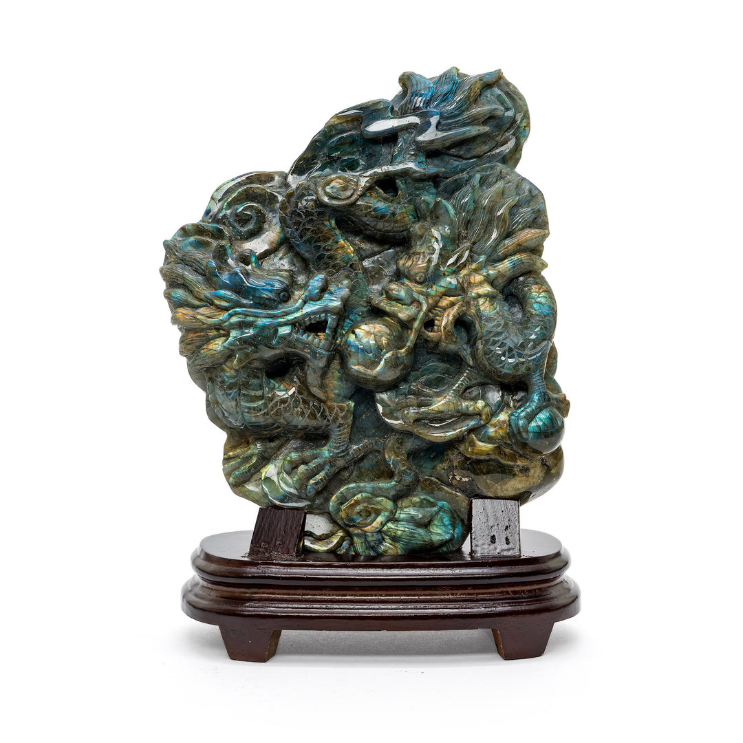 Front view of labradorite dragon carving with pearl of wisdom