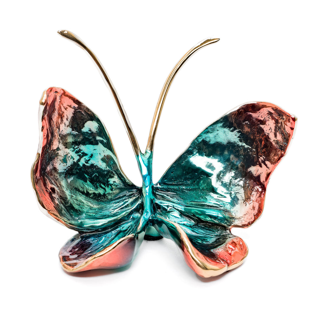 Duke Indigo butterfly sculpture in teal and rose enamel patina