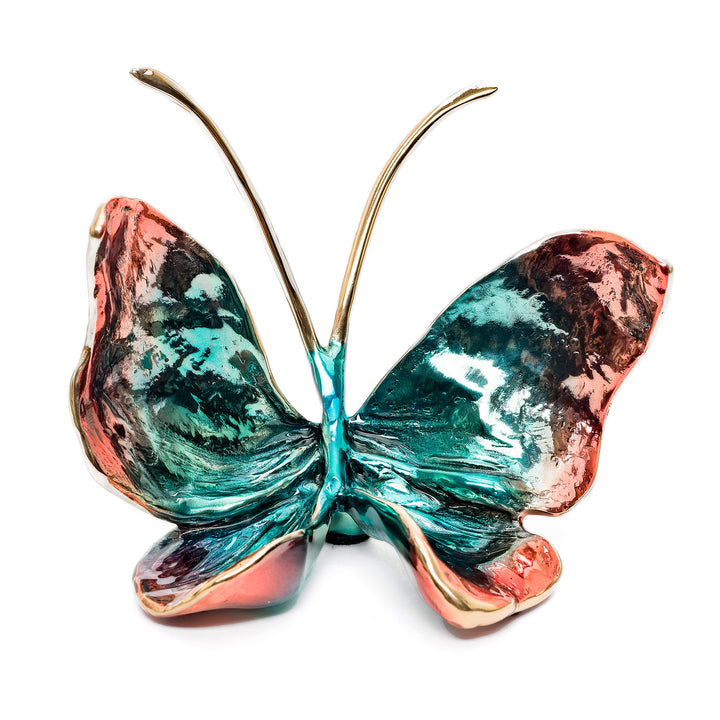 Duke Indigo butterfly sculpture in teal and rose enamel patina
