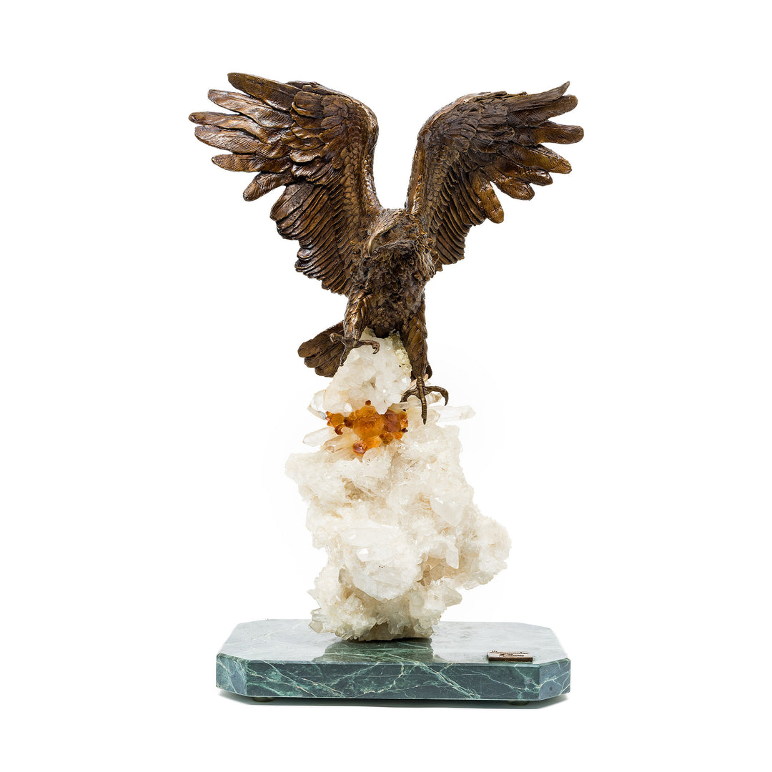 Front view of Eagle on Rock sculpture with wings extended wide