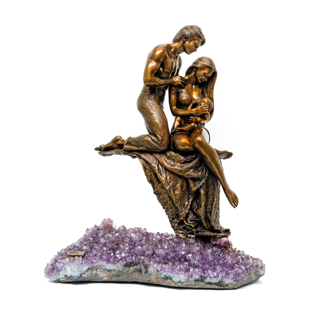 Front view of Family (Lg) sculpture showing bronze figures on amethyst