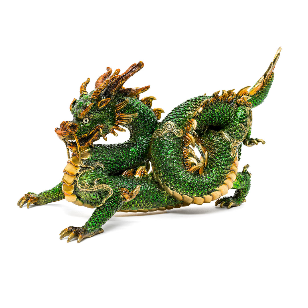 Green bronze dragon sculpture with gold detailing