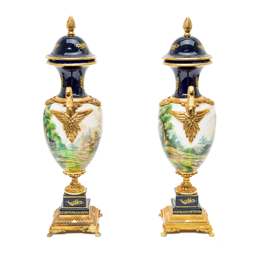 Hand-painted landscape porcelain vases with gold detailing