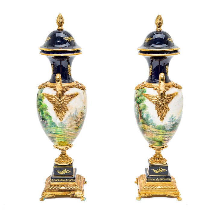 Hand-painted landscape porcelain vases with gold detailing