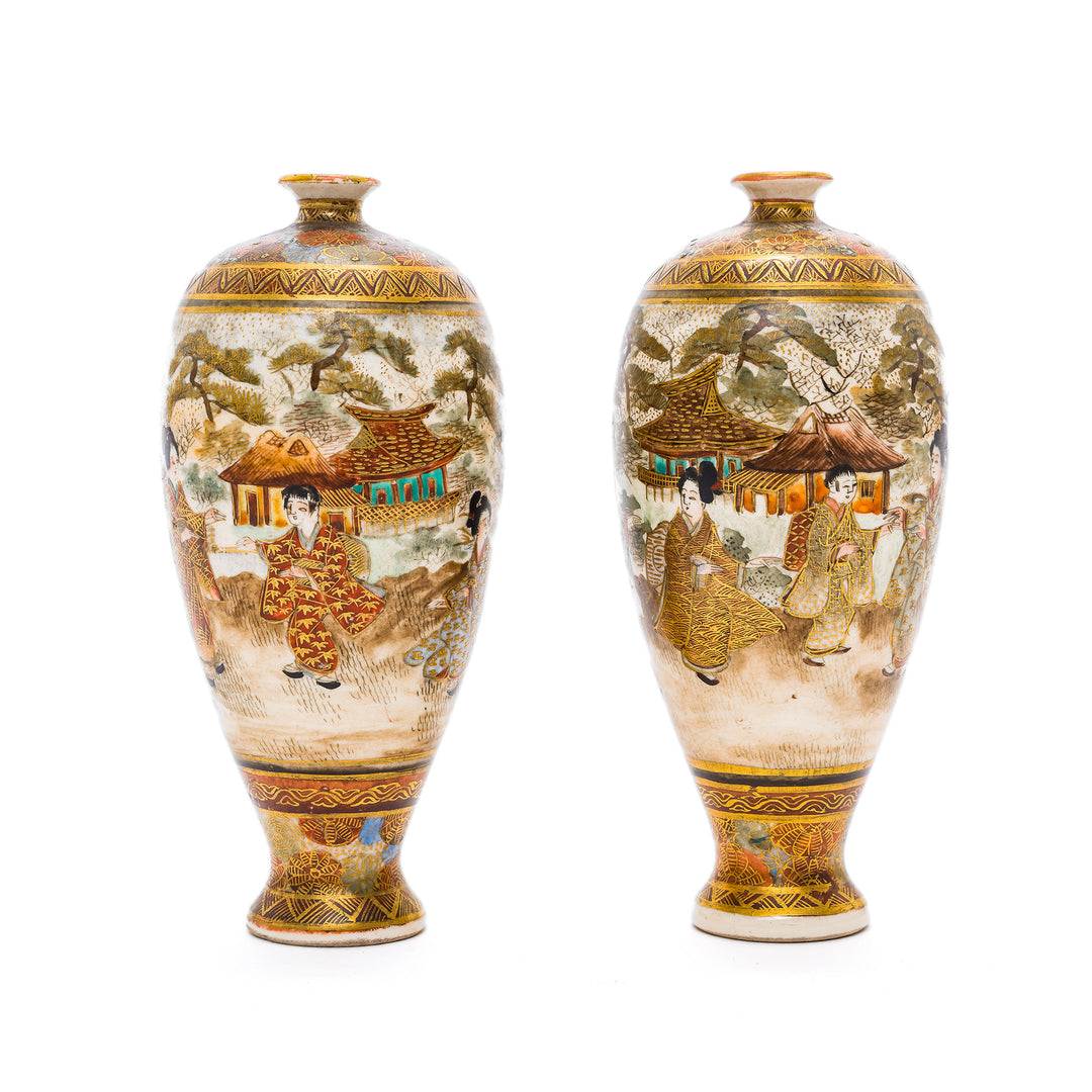 Hand-painted Satsuma vases with Japanese figures and landscapes