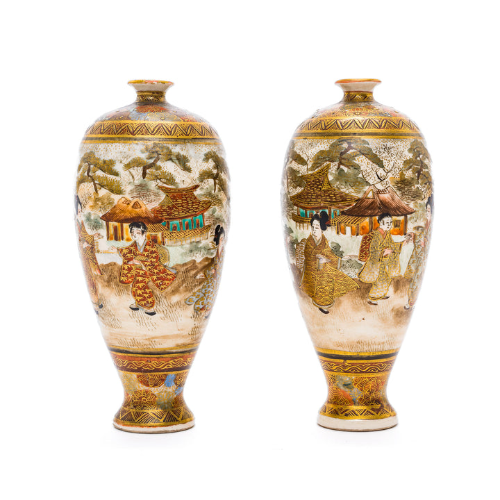 Hand-painted Satsuma vases with Japanese figures and landscapes