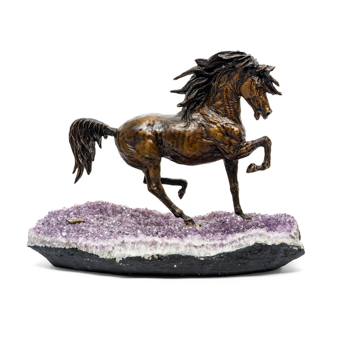Side view of Horse Furia bronze sculpture galloping on amethyst