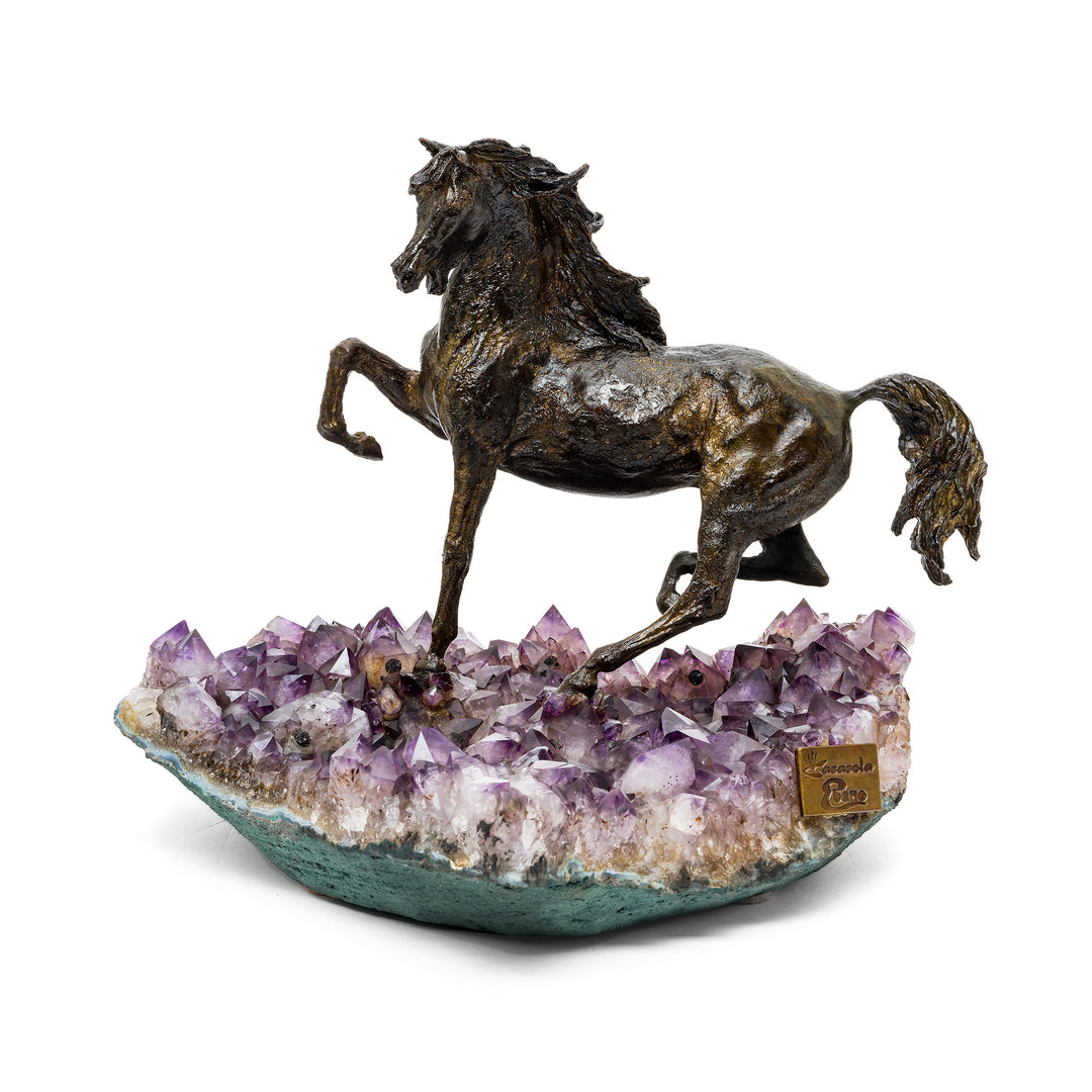 Front view of Horse Rampant bronze sculpture on amethyst base
