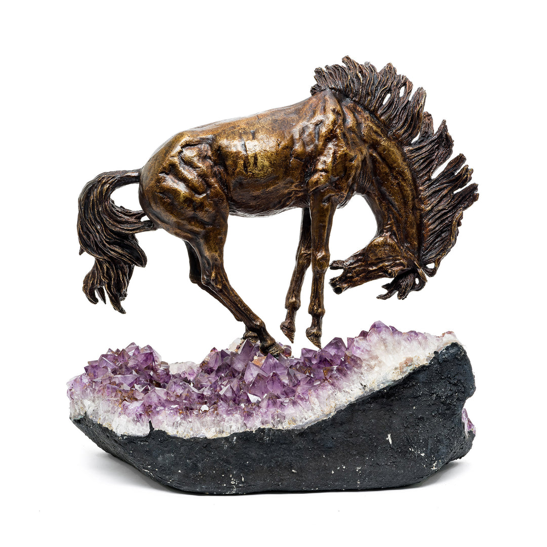 Opposite side profile of horse sculpture highlighting mane and motion