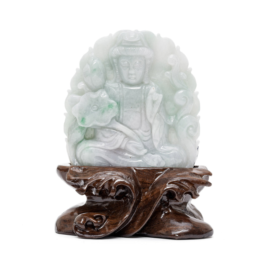 Jade Guan Yin sculpture with floral scepter and lotus