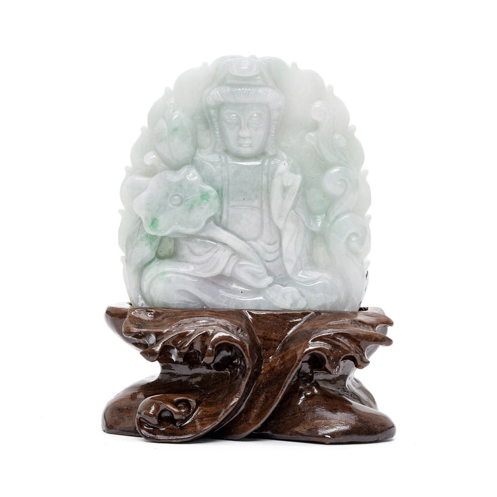 Jade Guan Yin sculpture with floral scepter and lotus