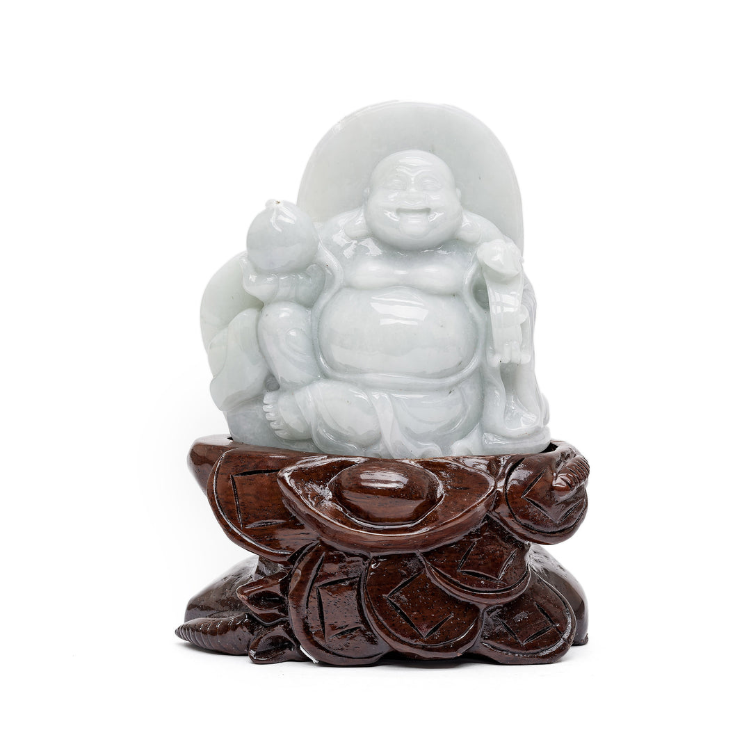 Jade Laughing Buddha sculpture with scepter and peach