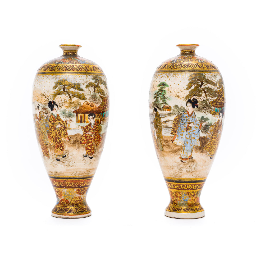 Traditional Japanese ceramic vases with gold gilt accents