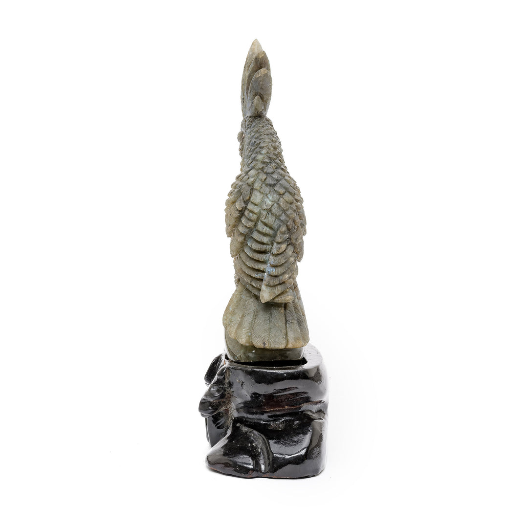 Labradorite gemstone parrot figurine on glossy black base