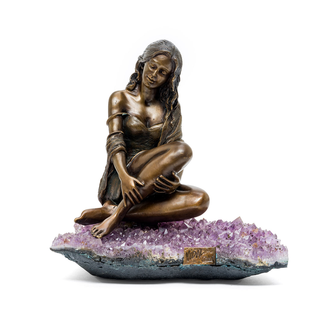 Front view of Lady Sitting bronze sculpture on amethyst base