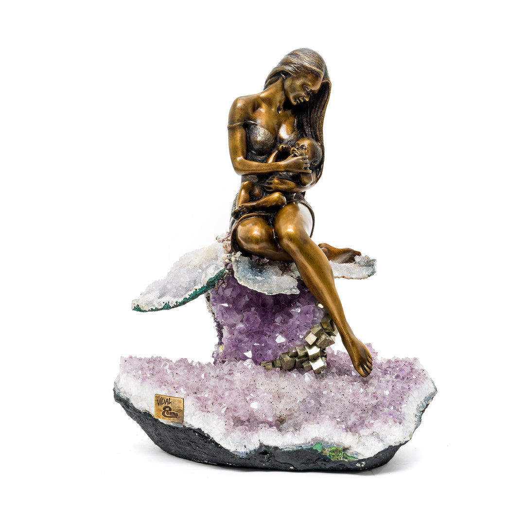Front view of Lap sculpture showing mother cradling child on amethyst