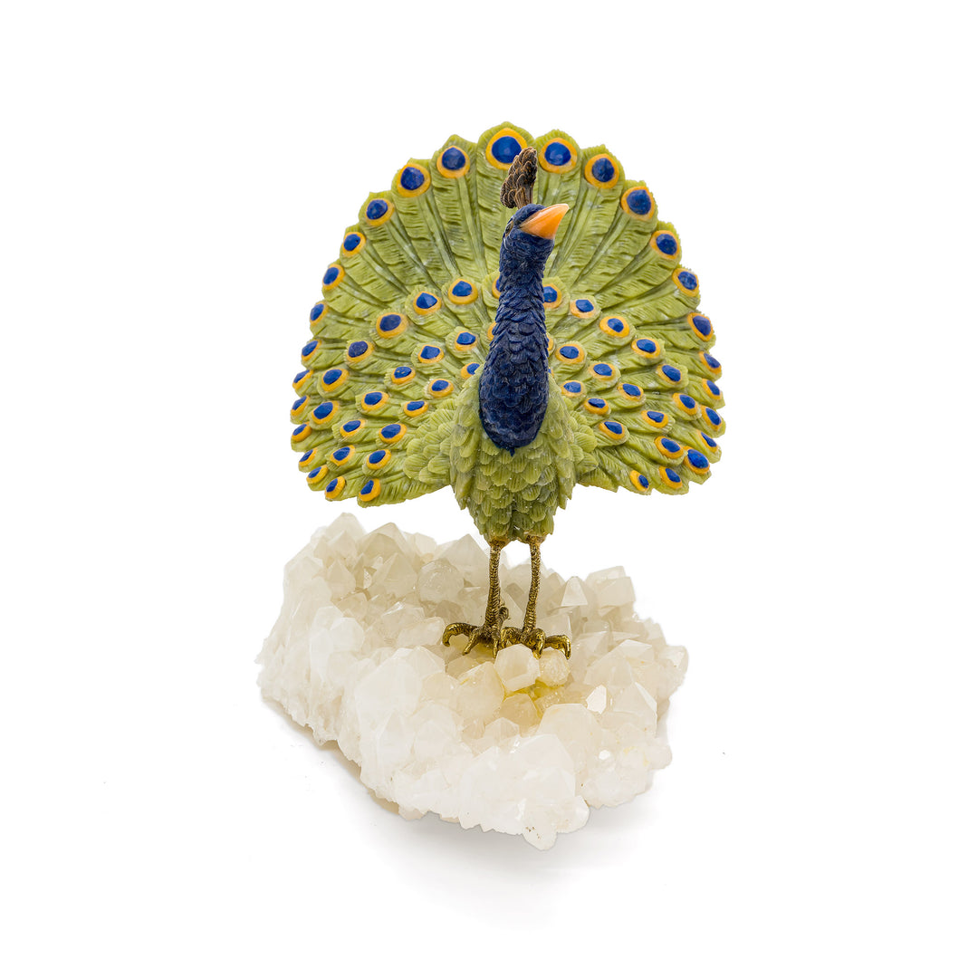 Front angle showing peacock’s feather display and gemstone detailing