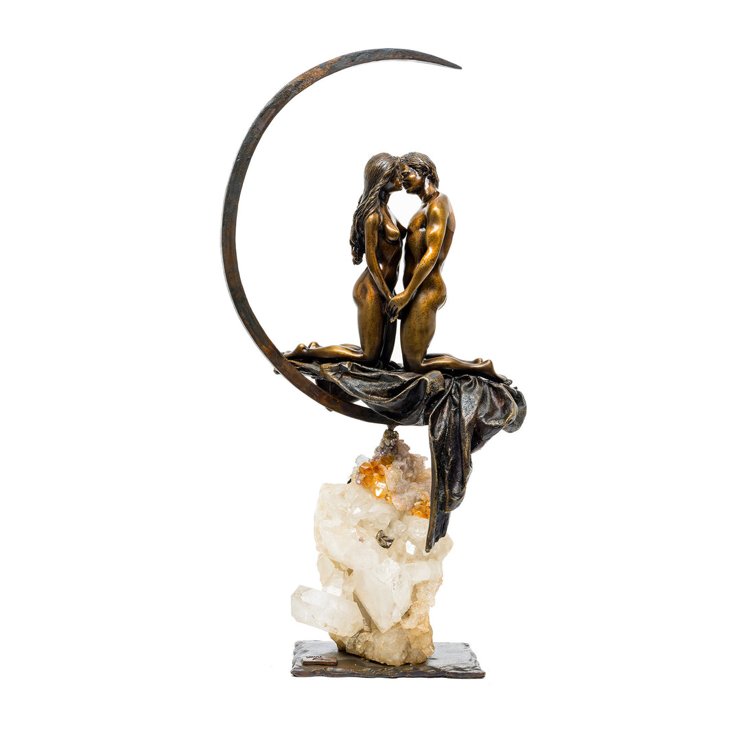 Front view of Love Half Moon bronze couple suspended on crystal