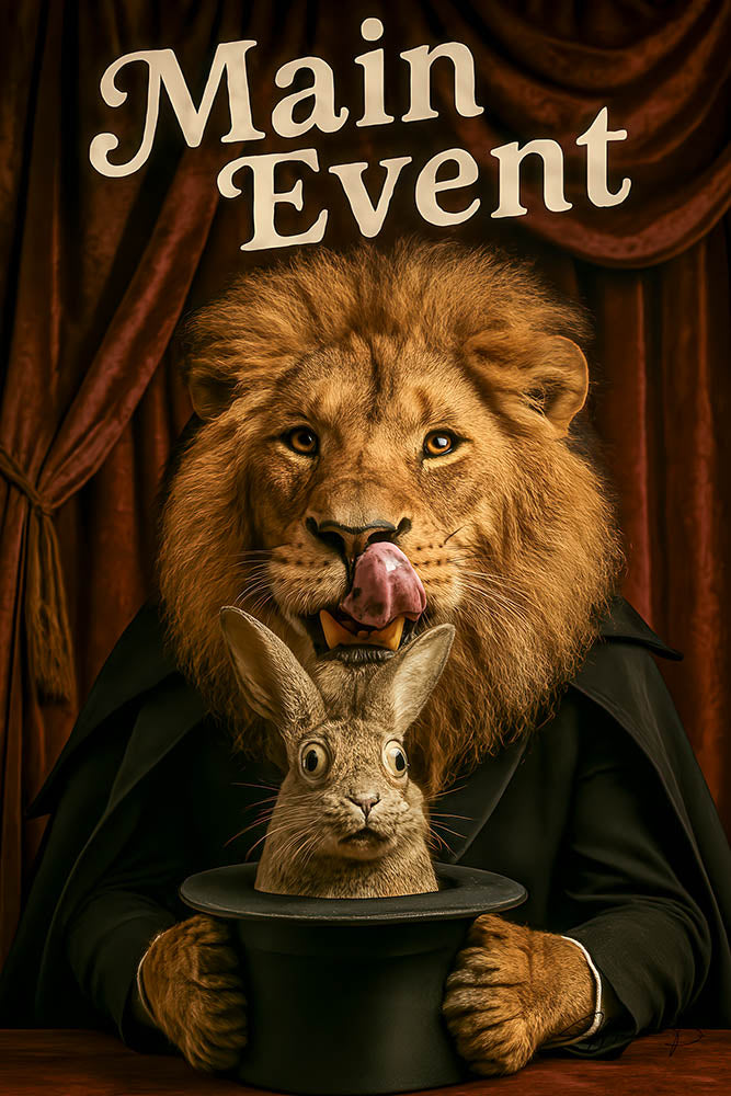 Magician lion performing humorous rabbit magic trick metal print wall art