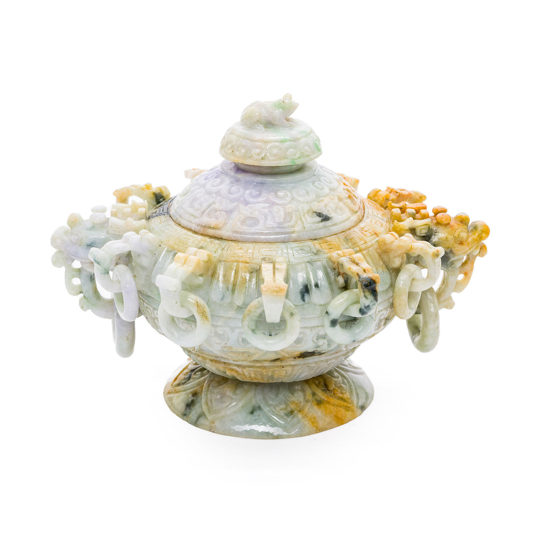 Multi-colored jade covered bowl with lid