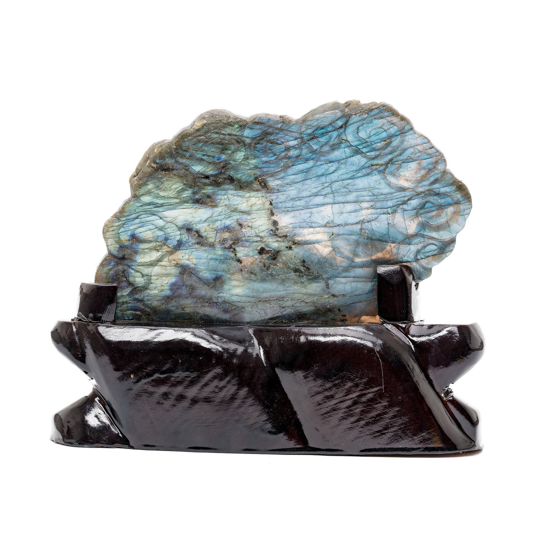 Mythical creatures in labradorite on black stand