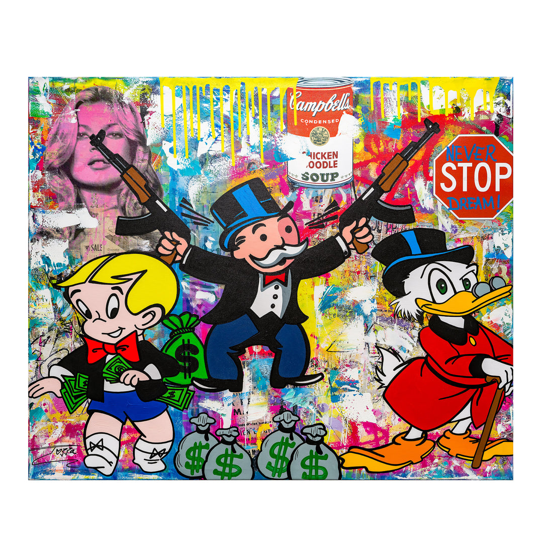 Mixed media artwork with Monopoly and cartoon icons