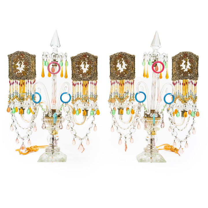 Pair of antique crystal lamps with embroidered shades and beaded fringe