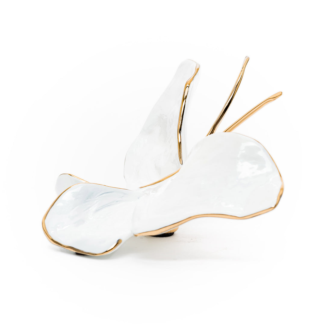 Side angle showing glossy pearl butterfly with golden accents