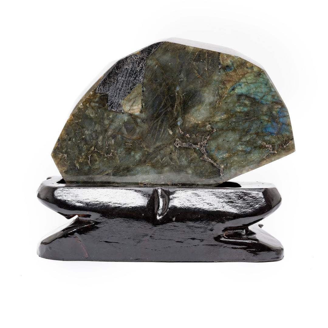 Rear of labradorite elephant carving with natural texture
