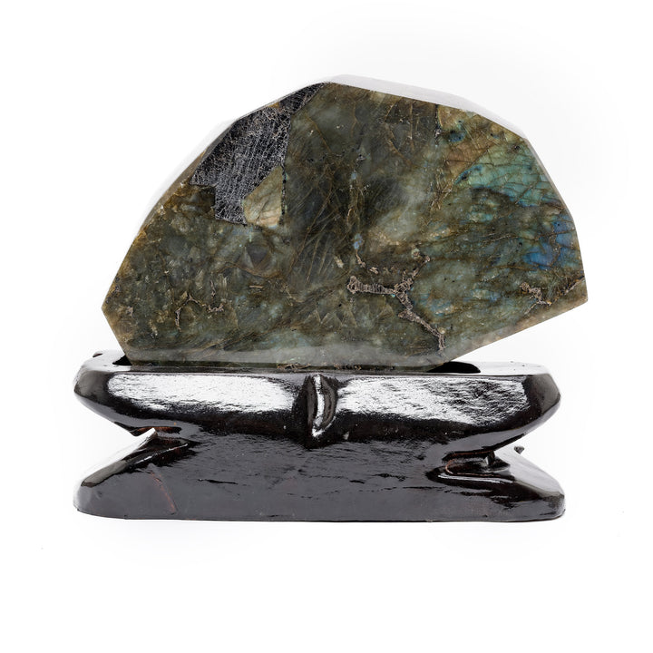 Rear of labradorite elephant carving with natural texture