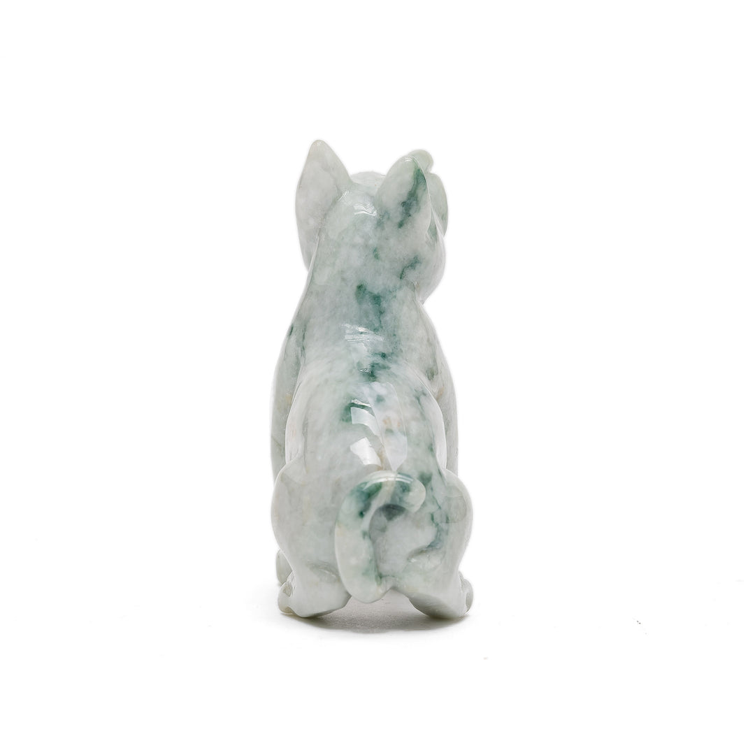 Rear view of small jade dog with curled tail