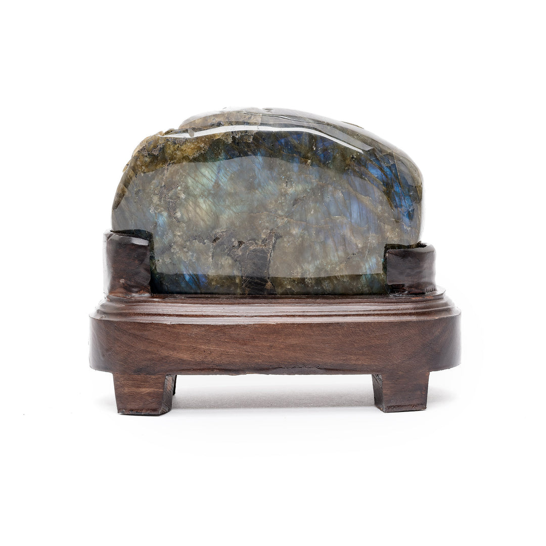 Rear view of labradorite gemstone carving