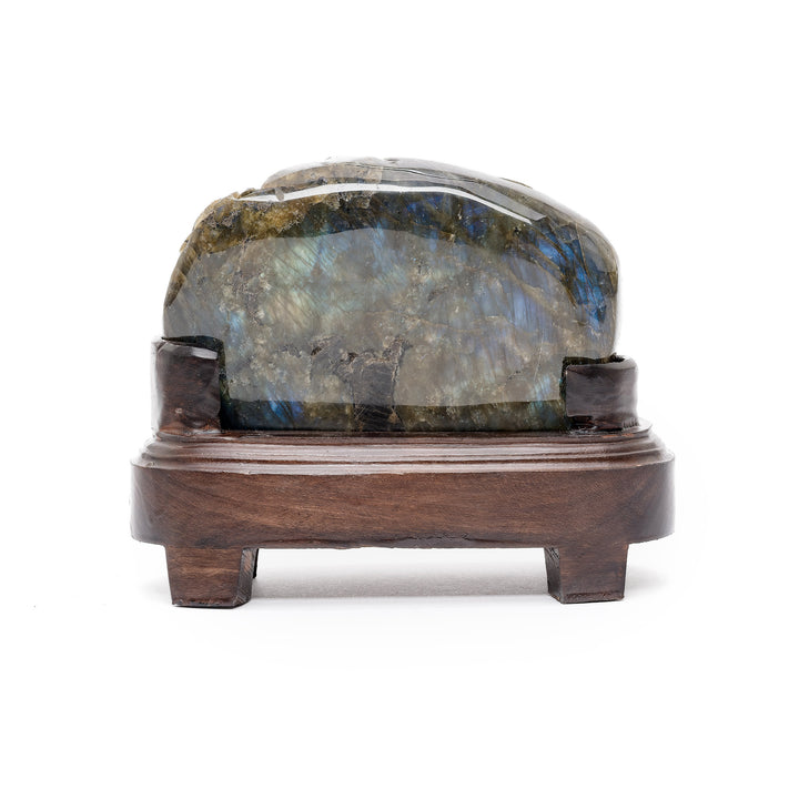 Rear view of labradorite gemstone carving