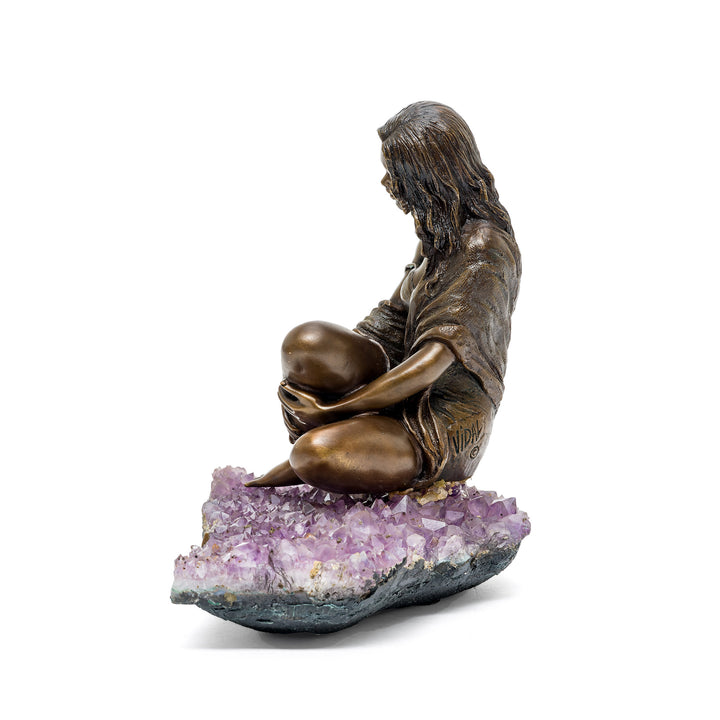 Side angle of seated woman with legs crossed and serene expression