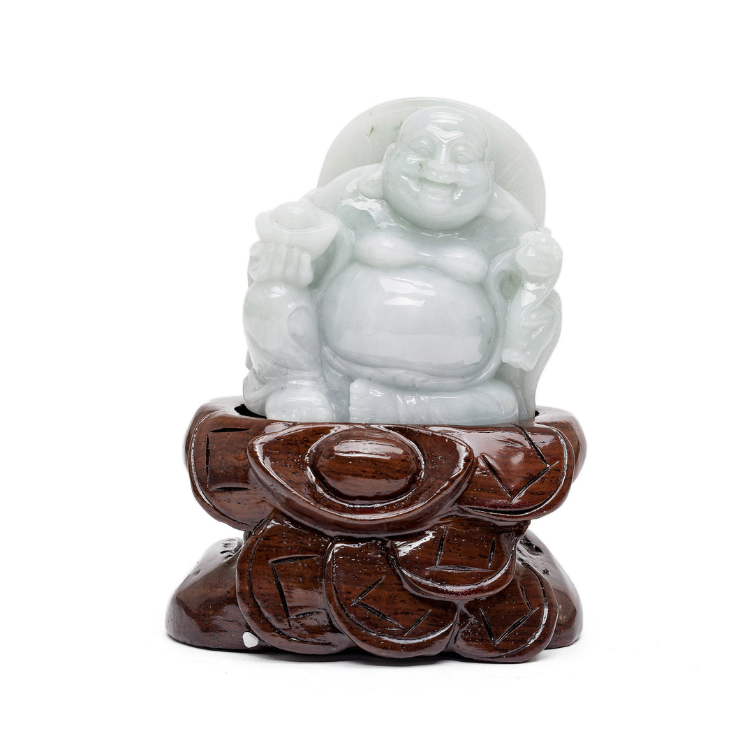 Small jade Buddha sculpture with scepter and peach