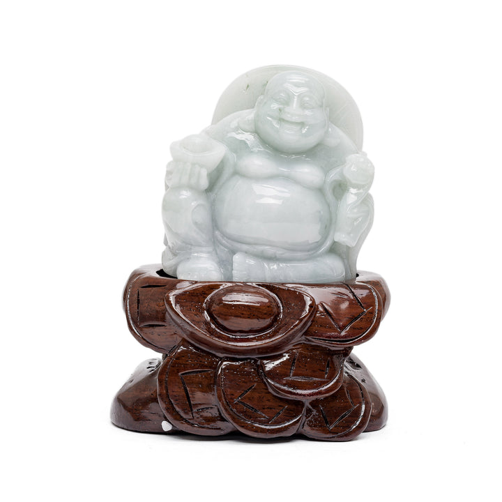Small jade Buddha sculpture with scepter and peach