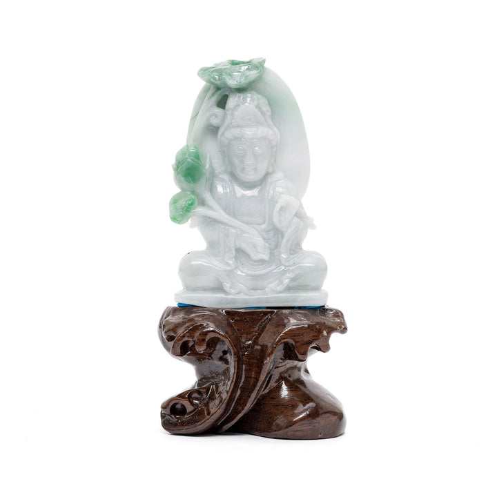 Small jade Guan Yin sculpture with floral scepter and blossom