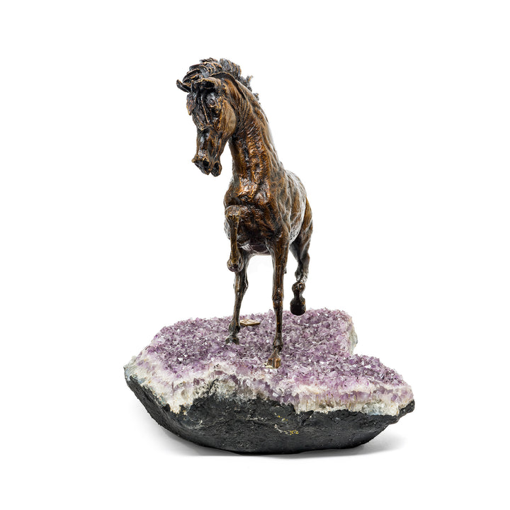 Front view of Vidal's wild horse sculpture with lifted foreleg