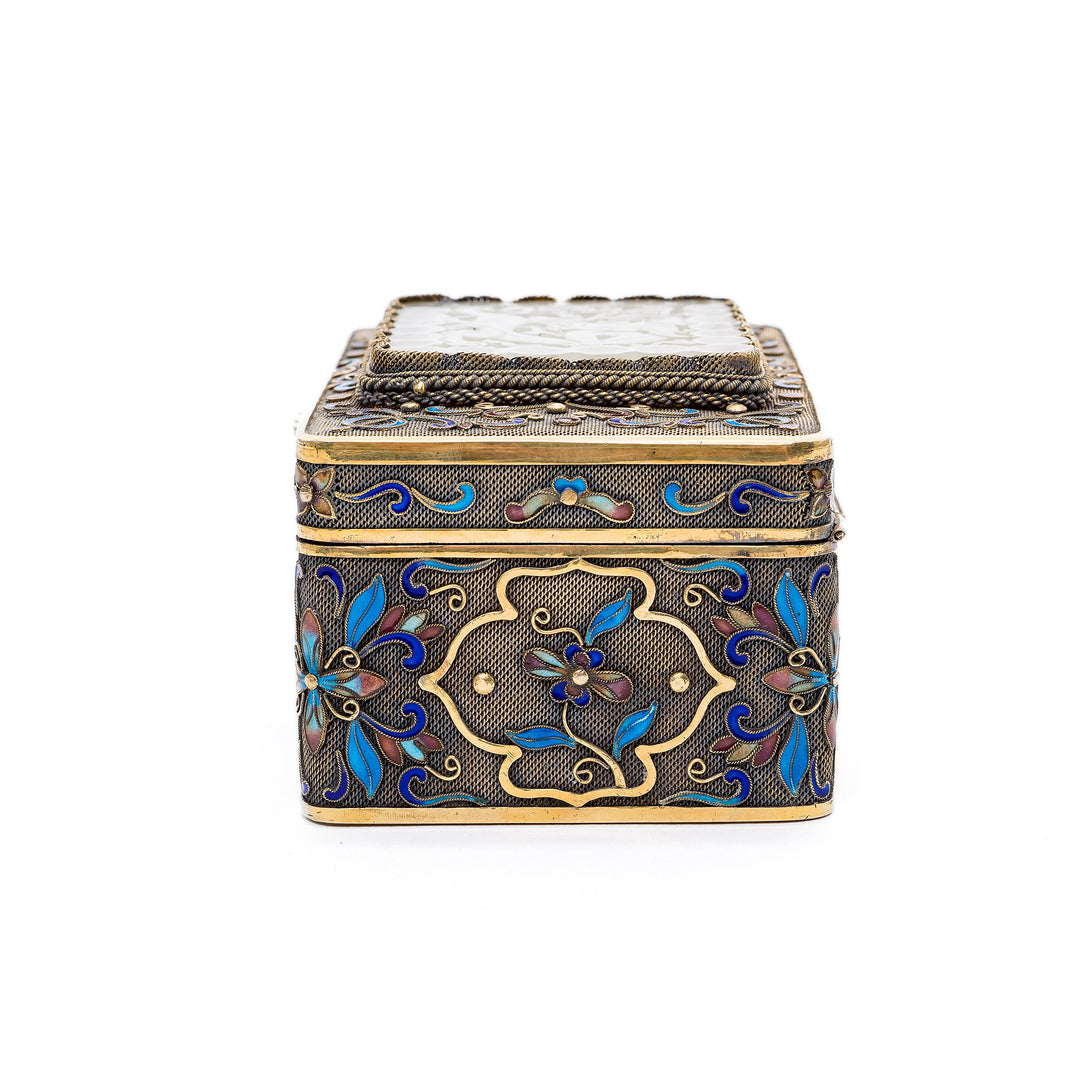 Carved white jade panel on cloisonné box