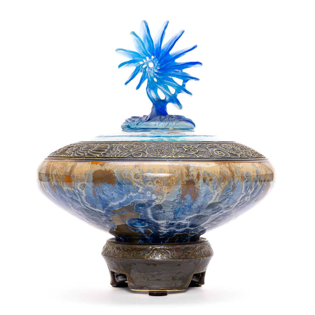 Handcrafted porcelain vase with unique blue star finial by Debra Steidel
