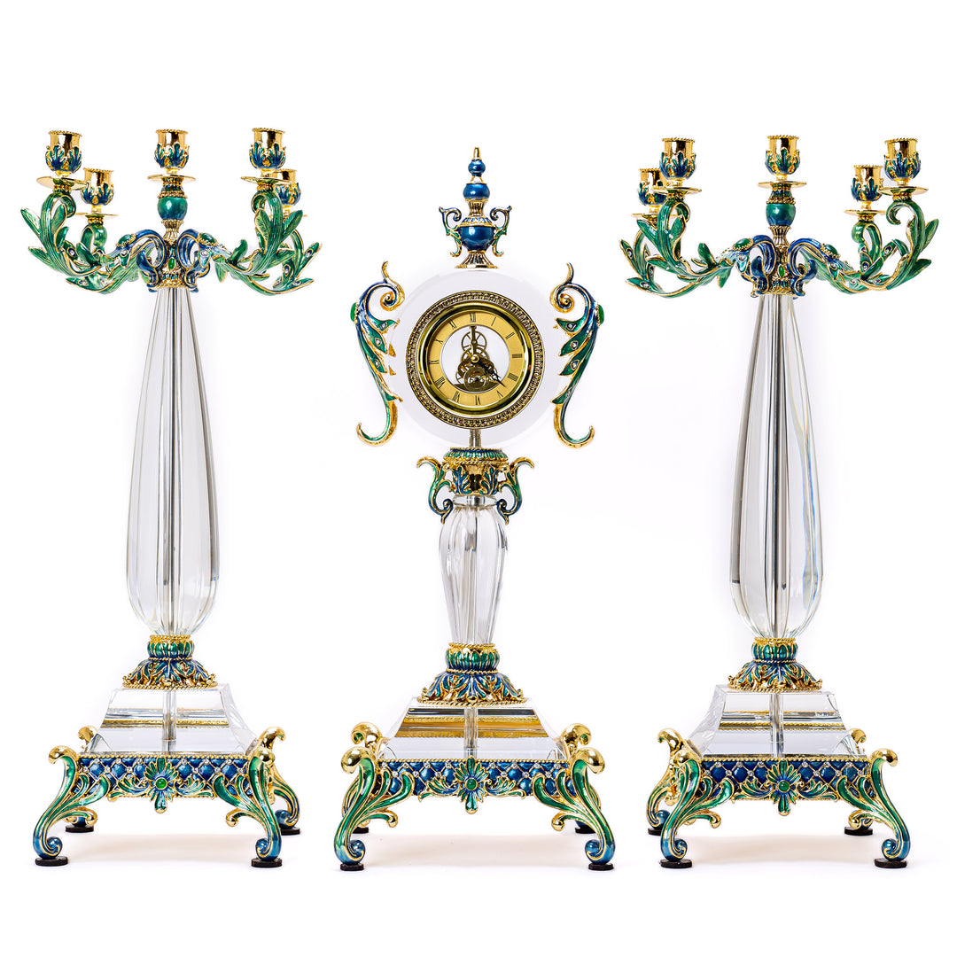 Green enameled bronze clock set with Austrian crystals