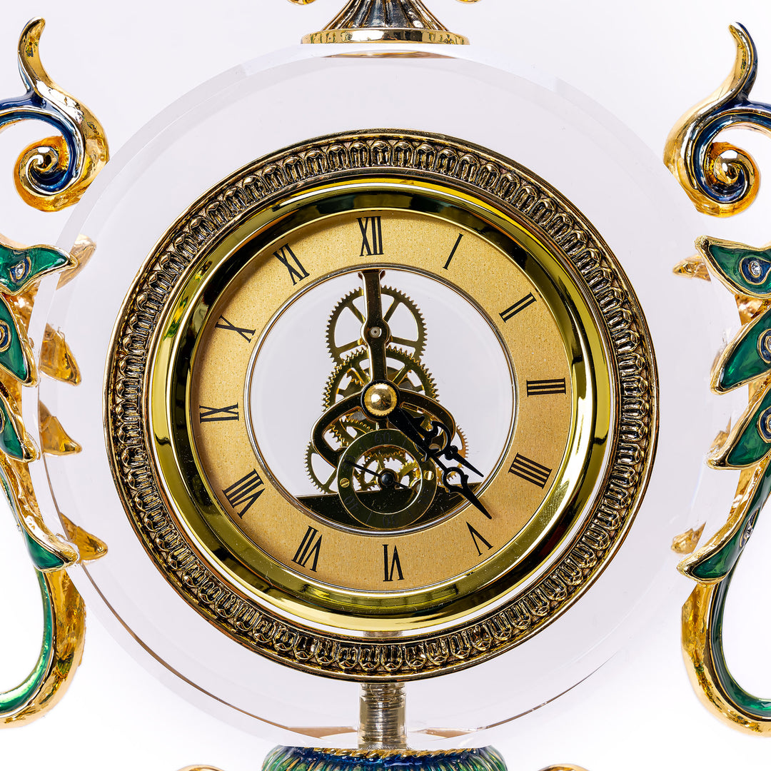 Enameled trophy cup finial clock with crystal adornments