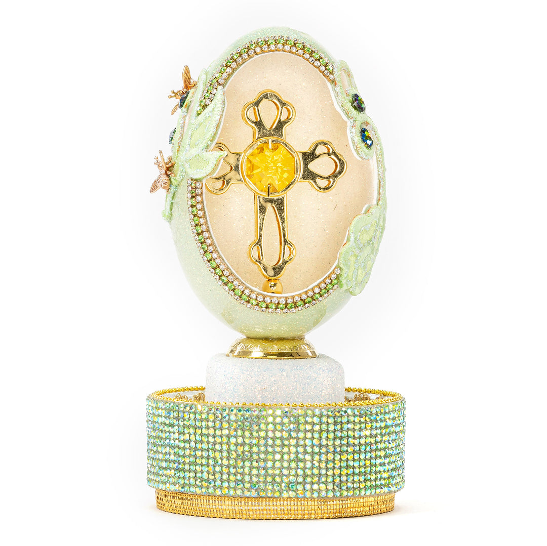 The Egg Fantasy Goose Egg on Crystal Stand XIV part of the  exquisite Egg Fantasy collection is handcrafted in the USA from natural ostrich, emu, goose, duck, and quail eggs. Image