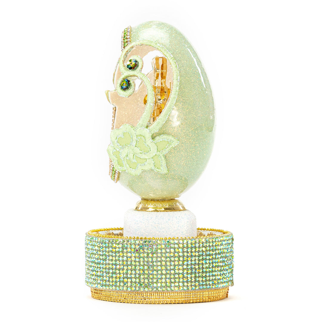 The Egg Fantasy Goose Egg on Crystal Stand XIV part of the  exquisite Egg Fantasy collection is handcrafted in the USA from natural ostrich, emu, goose, duck, and quail eggs. Image