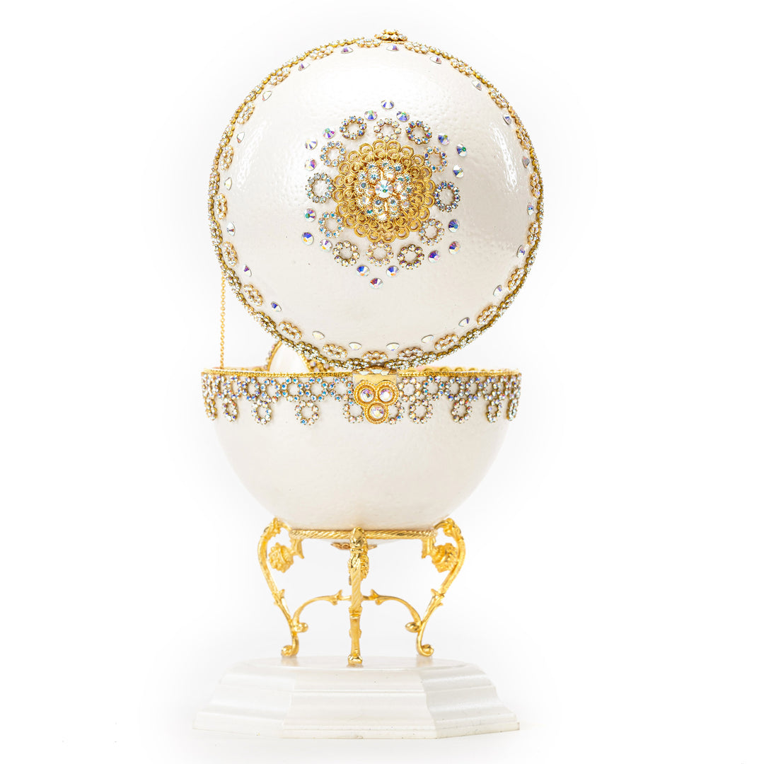 The Egg Fantasy Ostrich w/ Duck Musical Egg part of the  exquisite Egg Fantasy collection is handcrafted in the USA from natural ostrich, emu, goose, duck, and quail eggs. Image