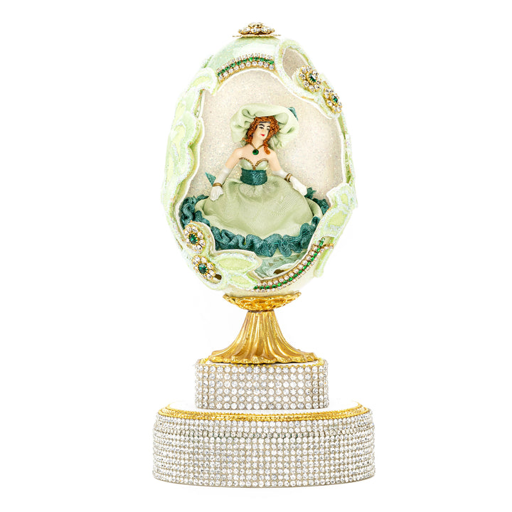 The Egg Fantasy Mint Green Victorian Lady Egg part of the  exquisite Egg Fantasy collection is handcrafted in the USA from natural ostrich, emu, goose, duck, and quail eggs. Image