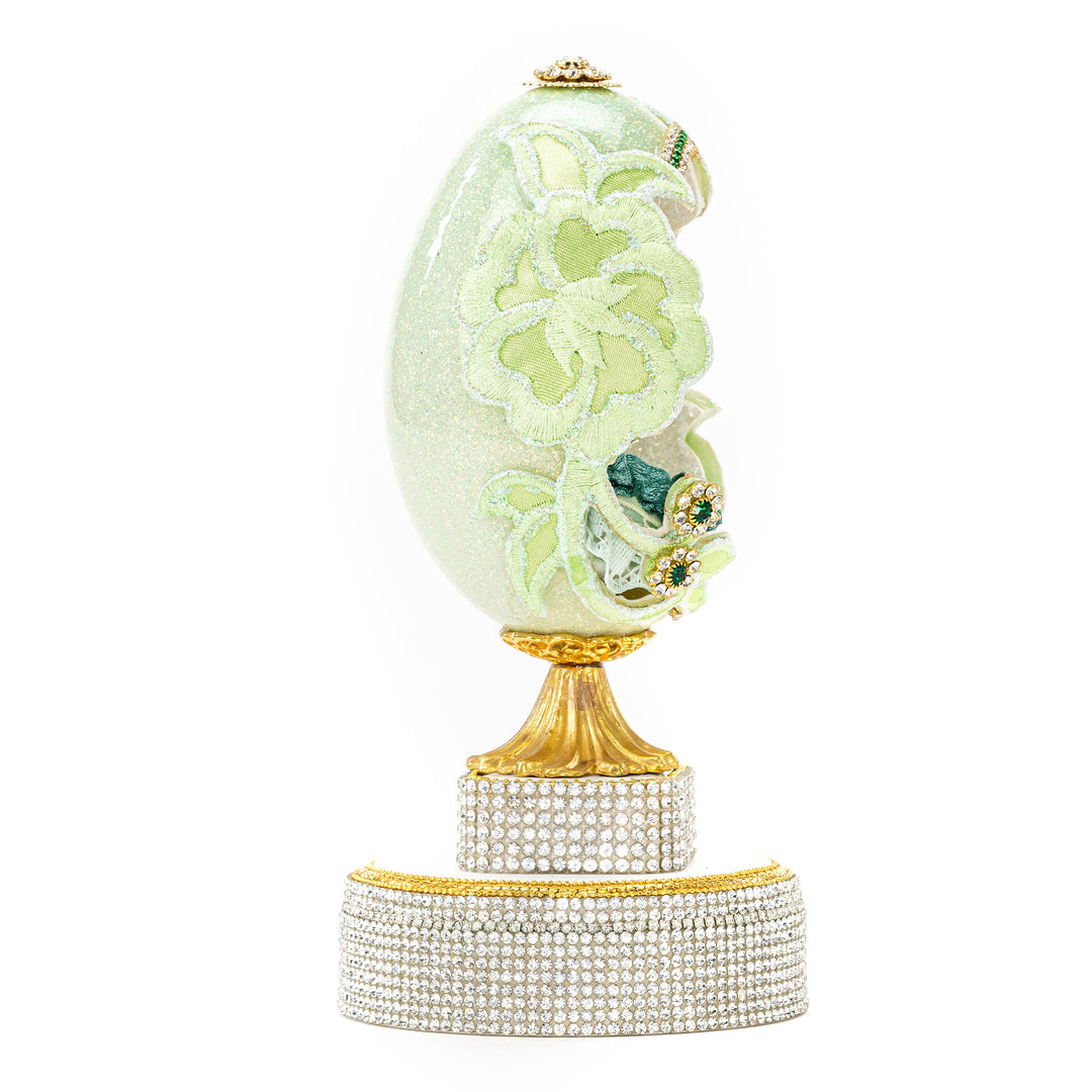 The Egg Fantasy Mint Green Victorian Lady Egg part of the  exquisite Egg Fantasy collection is handcrafted in the USA from natural ostrich, emu, goose, duck, and quail eggs. Image