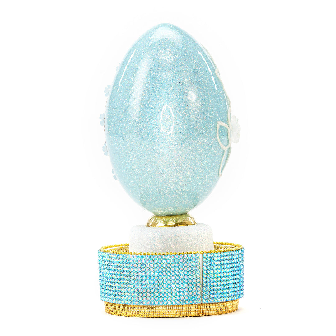 The Egg Fantasy Goose Egg on Crystal Stand XXI part of the  exquisite Egg Fantasy collection is handcrafted in the USA from natural ostrich, emu, goose, duck, and quail eggs. Image