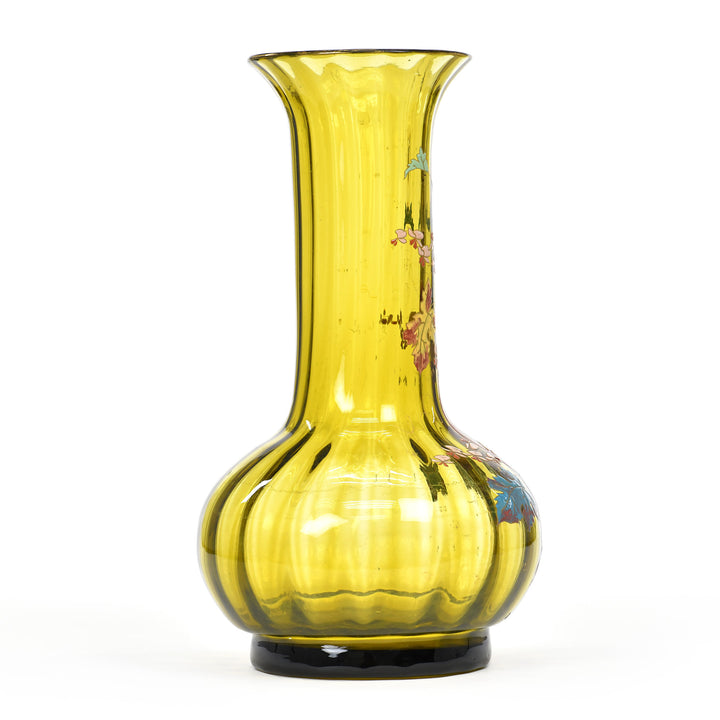 Antique enameled Gallé vase with red branch and blue leaves, circa 1895