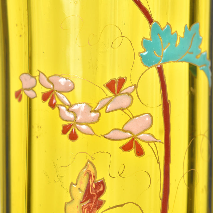 Émile Gallé Nancy Depose green vase with flaxing rim and vibrant enamel flowers